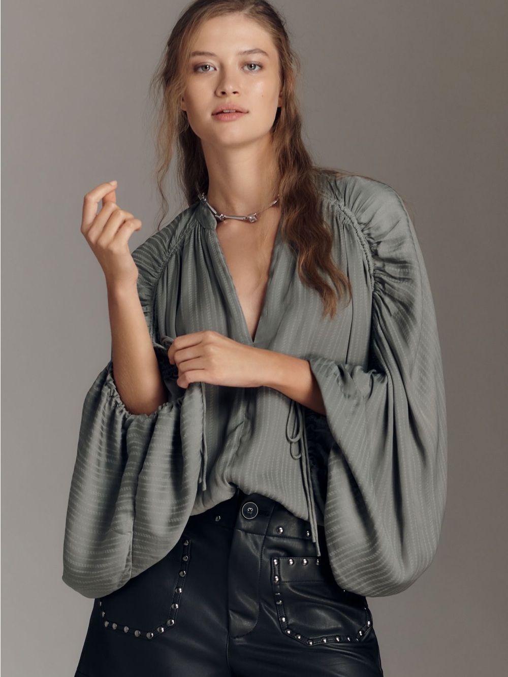 Anthropologie Sage Green Balloon-Sleeve Peasant Blouse